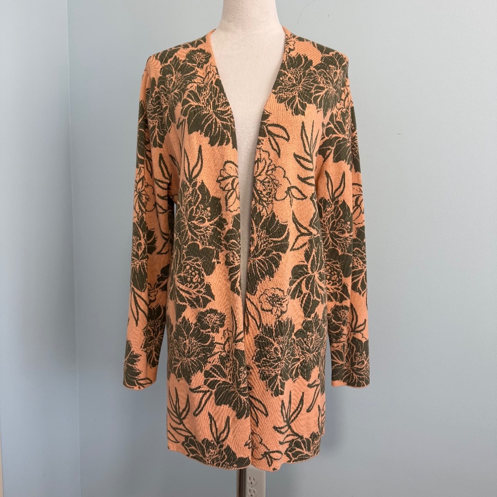 Soft Surroundings Open Front Cardigan‎ Sweater Peach Green Floral Sz Large